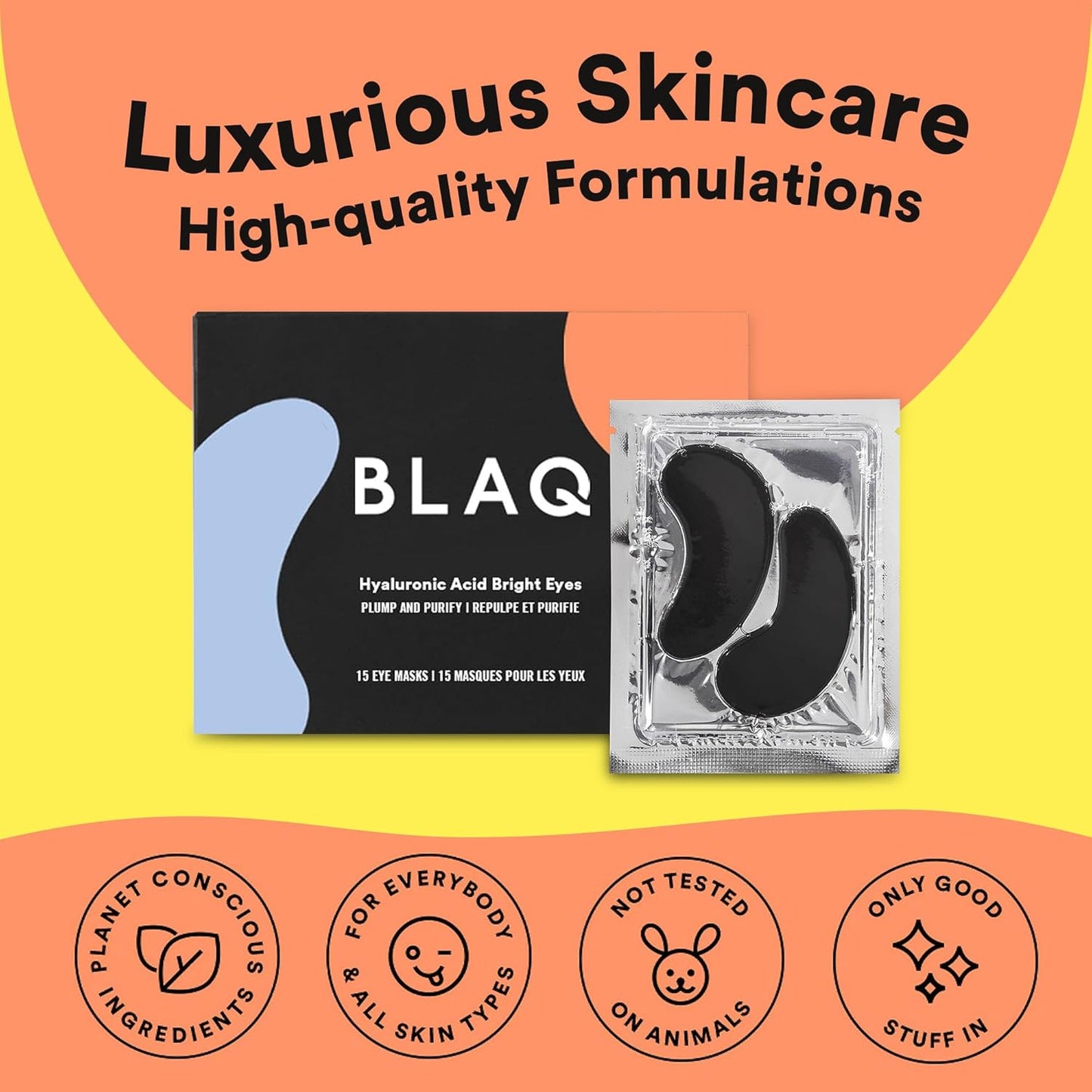 BLAQ Eye Mask, Eye Masks for Dark Circles and Puffiness, Under Eye Mask with Red Algae and Activated Charcoal, Vegan and Cruelty-Free Under Eye Masks, 15-Pack, Hyaluronic Acid Bright Eyes