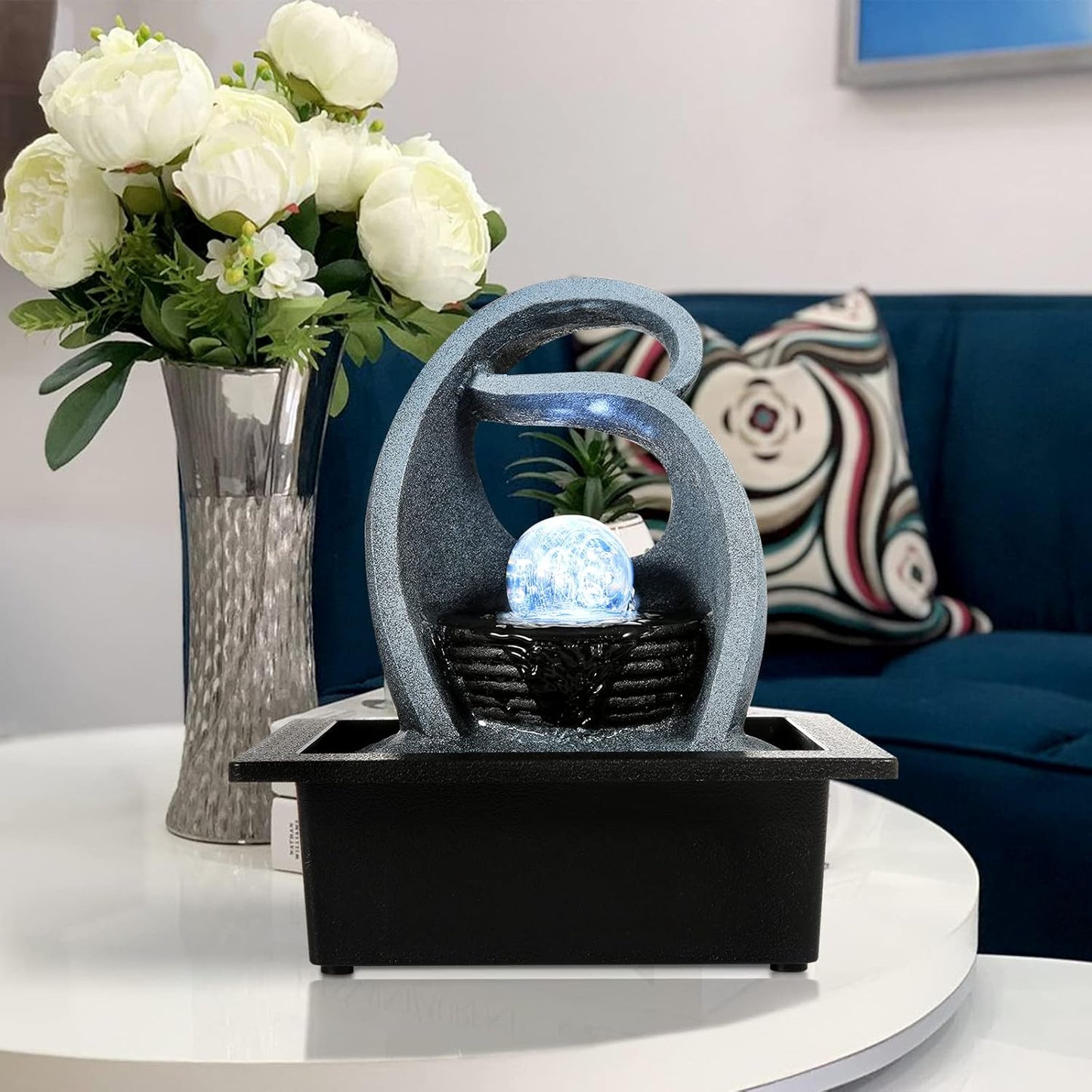 WICHEMI Water Fountains Indoor Waterfall Fountain Tabletop Fountain with LED Rolling Ball Water Feature Indoor Zen Meditation for Home and Office Indoor Spaces Decor (Style 18)
