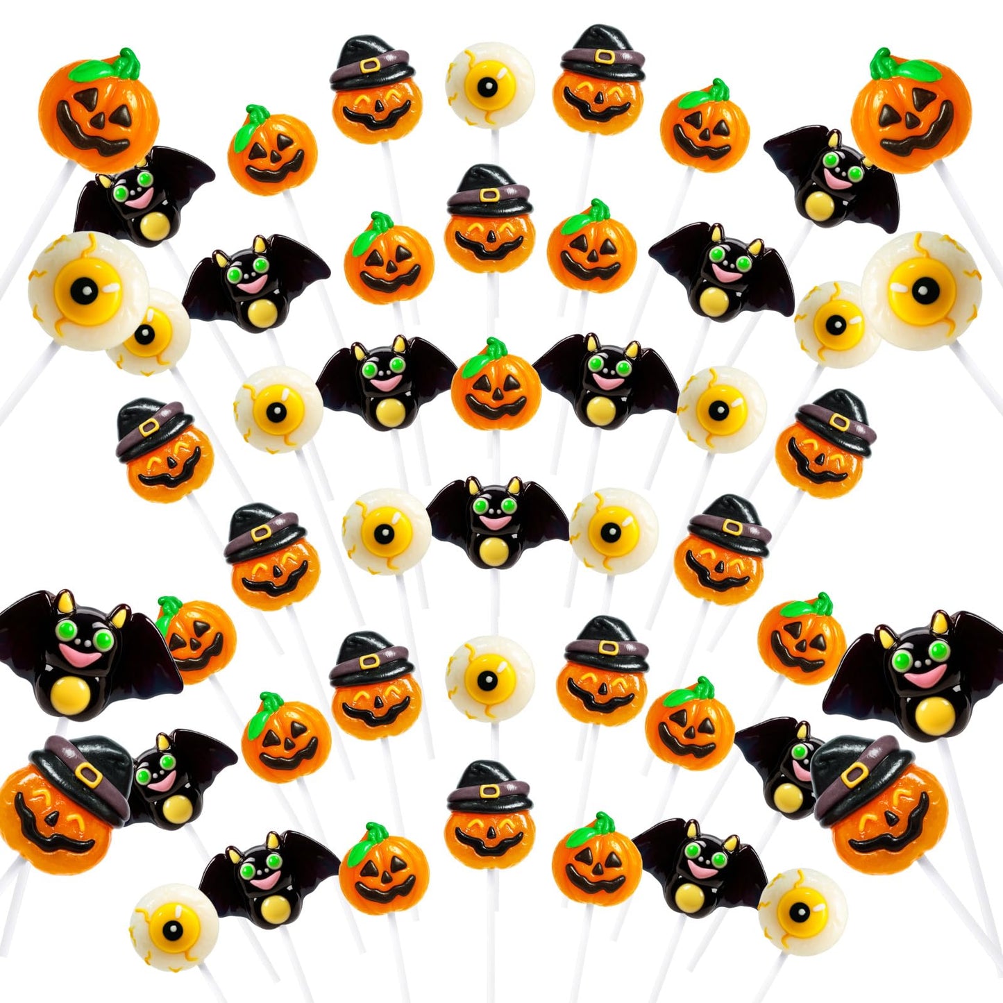 Trick or Treat - 32 Halloween Candy Lollipops Bulk Hatted Jack-O-Lantern Creepy Eyeball Flying Bat and Pumpkin-Shaped Suckers Individually Wrapped Lollipop Halloween Assorted Fruit Flavors