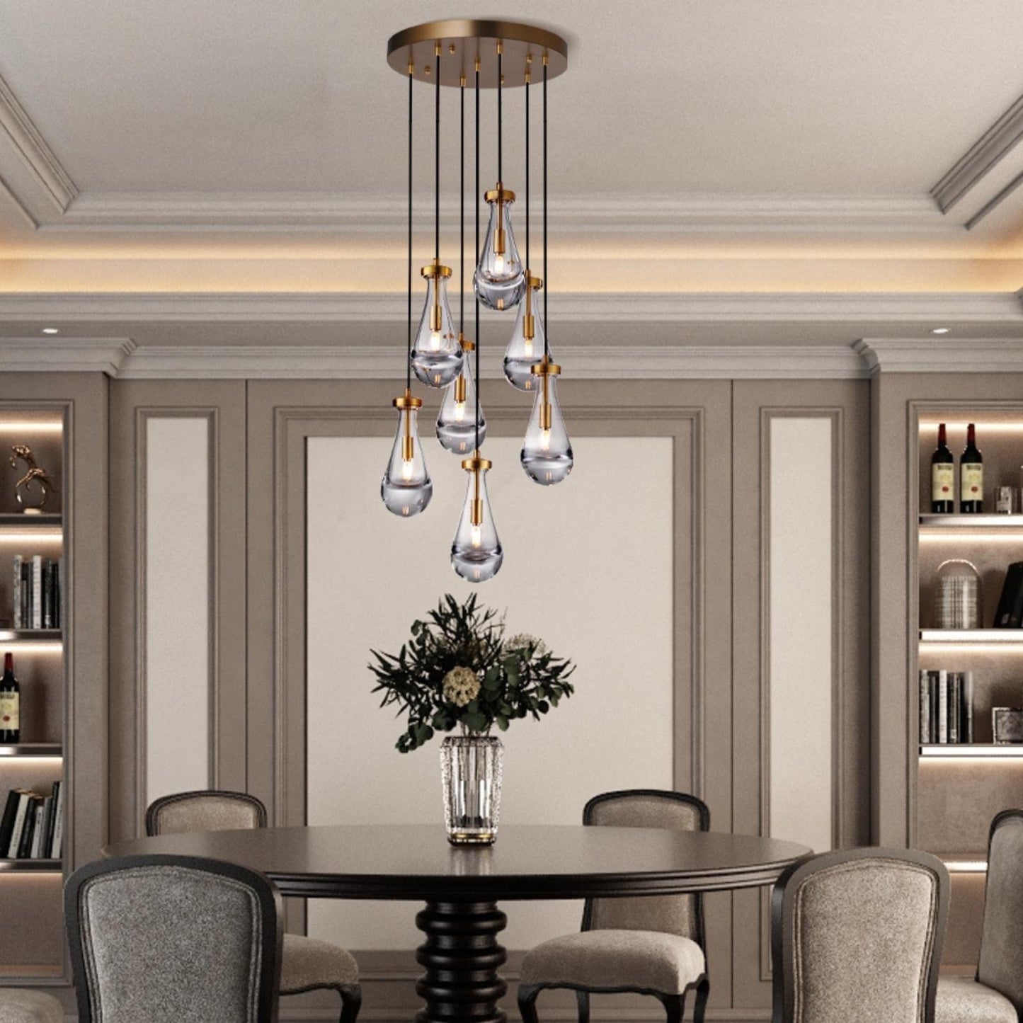 Joyunleo 7 Light Raindrop Chandeliers Brass Teardrop Cluster Pendant Lights Kitchen Island Gold Dining Room Chandeliers Over Table Hanging Pendant Lighting For High Ceiling Entryway Staircase