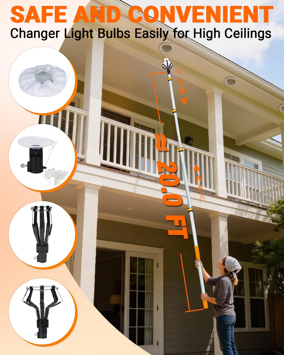 Lupar Light Bulb Changer Pole Kit 3 FT to 20 FT Telescoping Extension Pole with 2 Baskets and Suction Cup for High Ceilings and Recessed Lights Lightbulb Tool Removal Changing