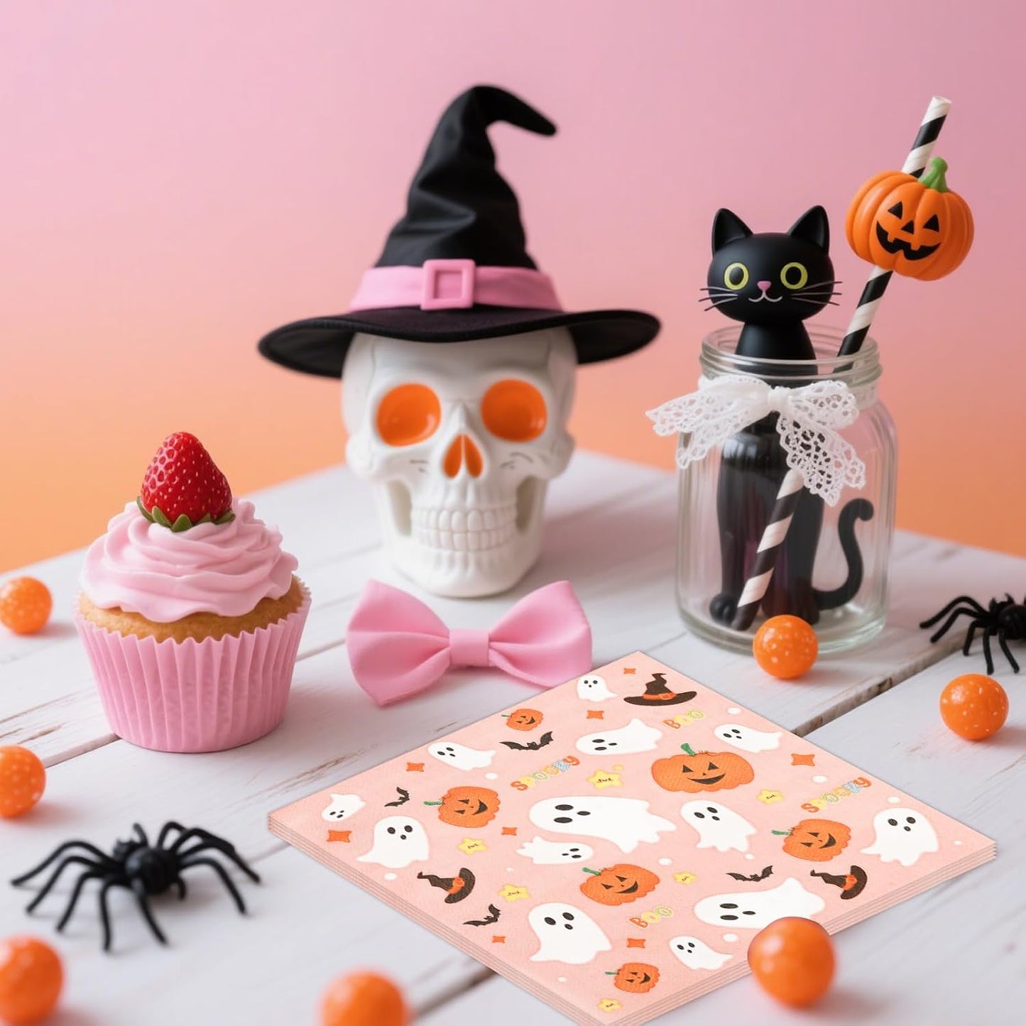 50PCS Pink Halloween Paper Napkins Cartoon Ghost Pumpkin Magic Hat Luncheon Napkins Disposable Dessert Dinner Hand Napkins for Halloween Birthday Party Supplies