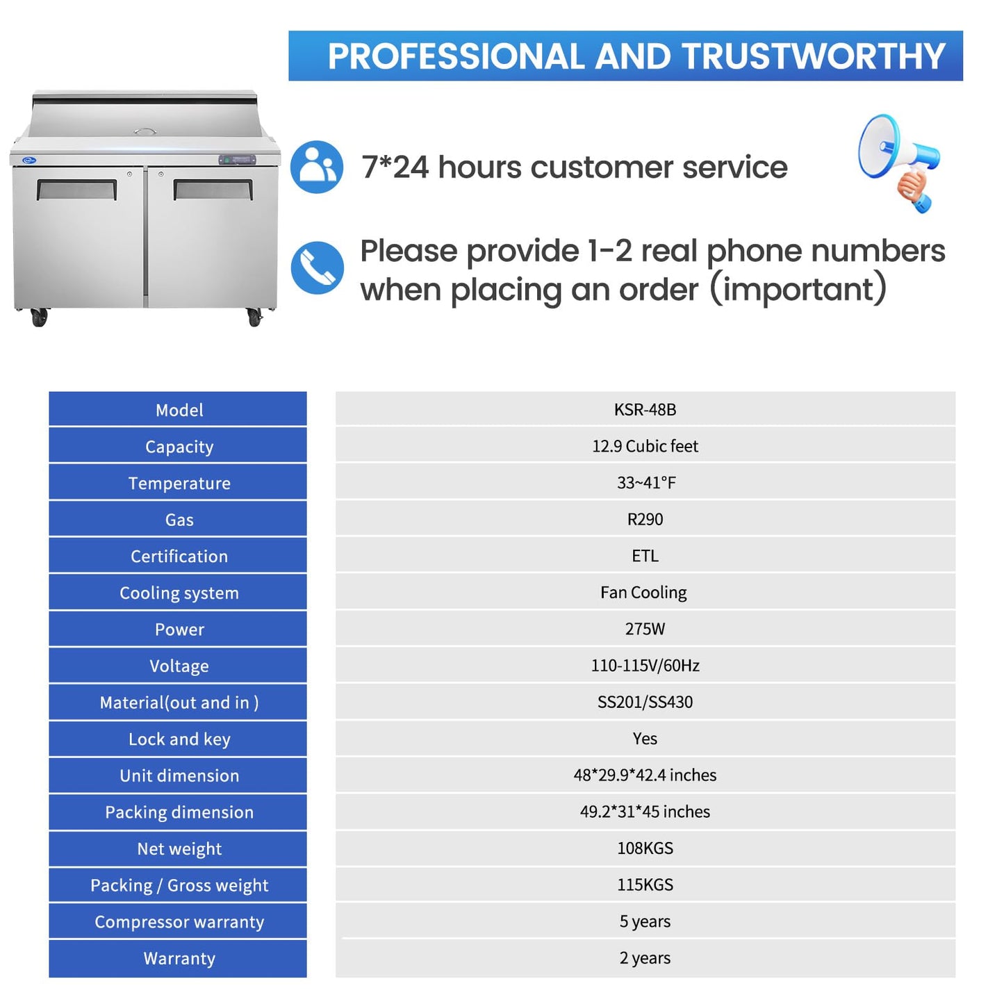 kalifon 48" W 2 Door Refrigerator Sandwich Salad Prep Table Commercial Stainless Steel Fan Cooling Refrigerator with Cutting Board, 2 Shelves & 12 Pans for Restaurant, Bar, Shop-12.9 Cu.ft