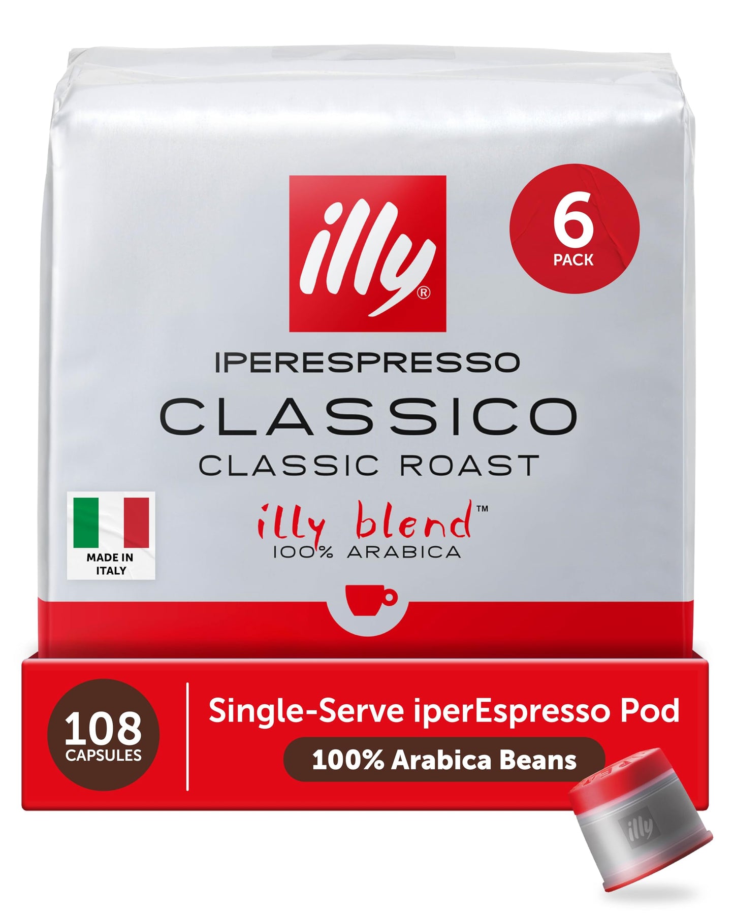 Illy Coffee IperEspresso Capsules - enhanced Single-Serve Coffee Capsules & Pods - Classico Medium Roast - Notes of Caramel Orange Blossom and Jasmine - 100% Arabica - 18 Count (Pack of 6)