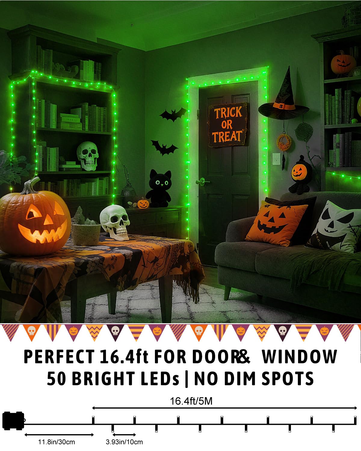 Kelumi Halloween Lights, 50 LED Green Fairy Lights, 16.4ft, Battery Operated, Waterproof for Outdoor Indoor Decor
