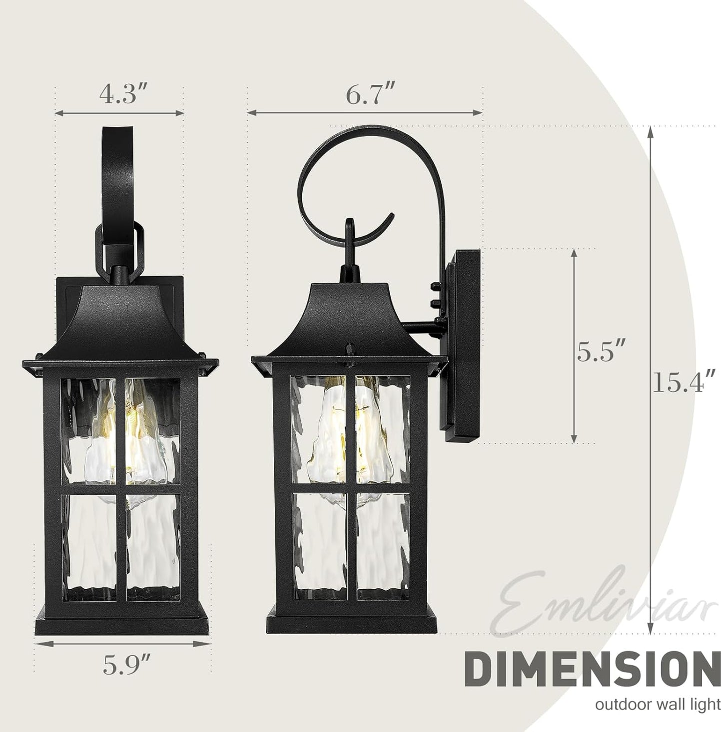 Emliviar Vintage Front Door Light Fixture Outside, Black 15.4 Inch Outdoor House Light Wall Mount with Water Ripple Glass for Yard, YXE306B BK-SW