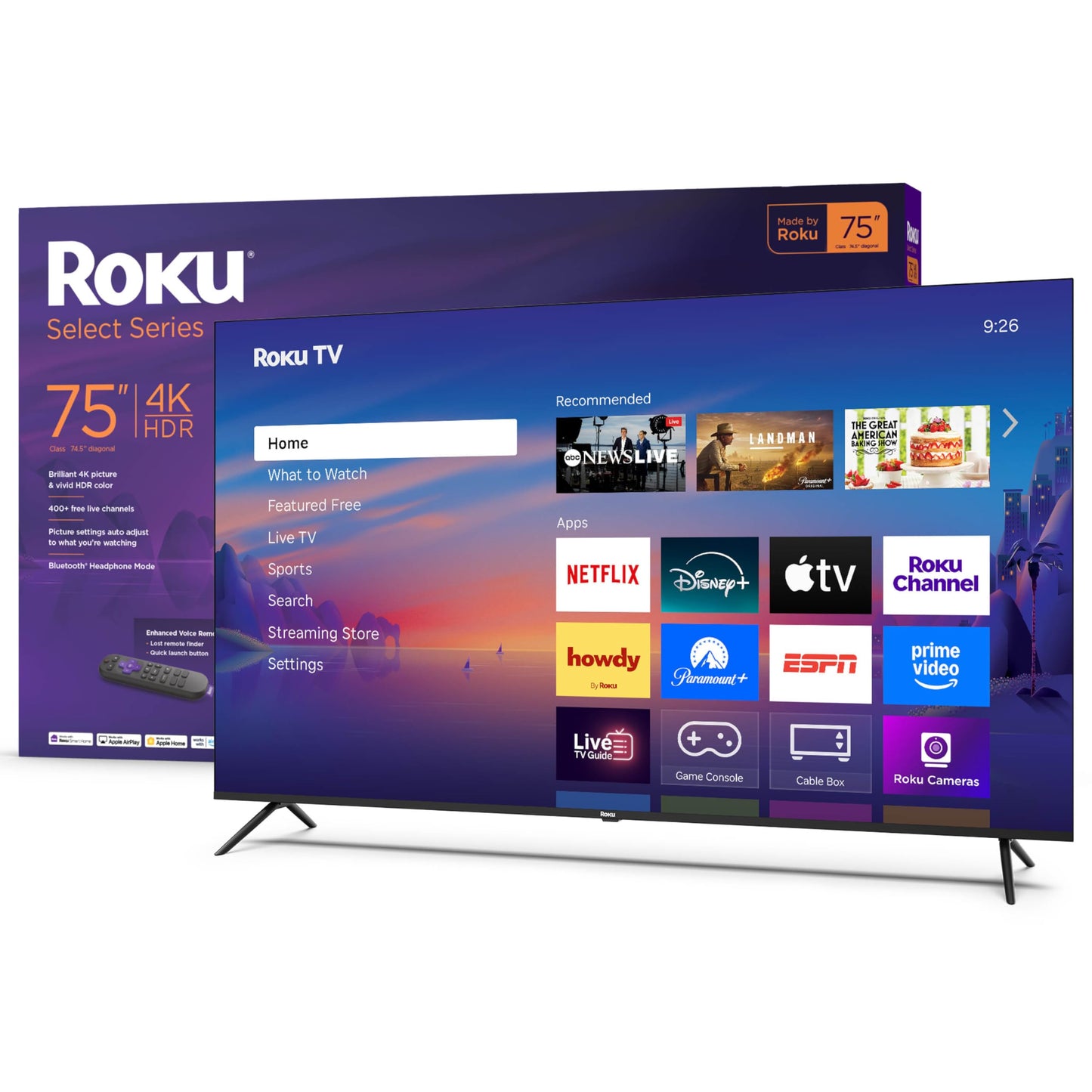 Roku Smart TV 2025 - 75-Inch Select Series, 4K HDR TV - RokuTV with Enhanced Voice Remote - Flat Screen LED Television with Wi-F