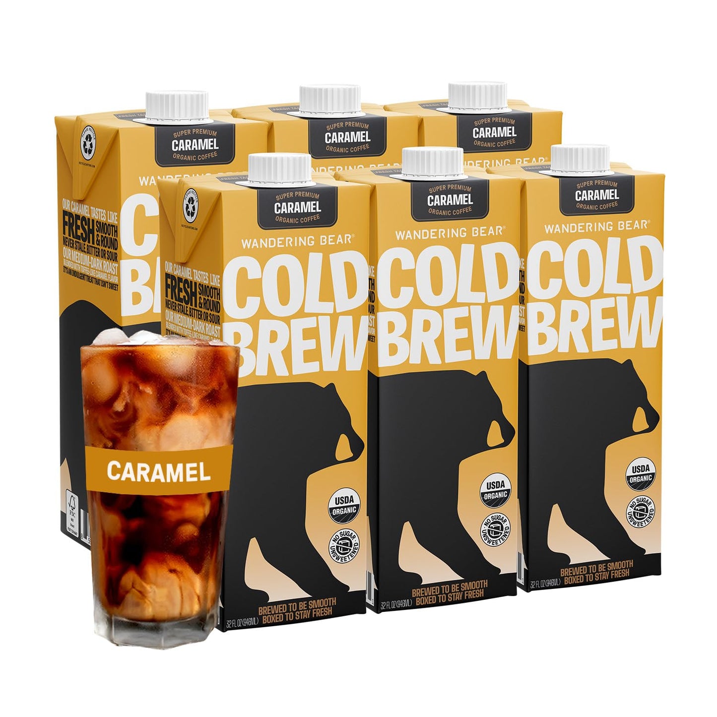 Wandering Bear Organic Caramel Cold Brew Coffee 32 fl oz 6 pack - Extra Strong Bold Smooth Unsweetened Shelf-Stable Ready to Drink Gluten Free & Vegan Iced Cold Brewed Coffee Drinks