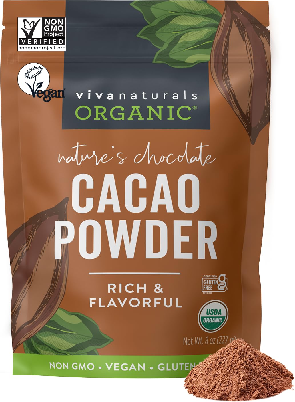 Viva Naturals Organic Cacao Powder 8 oz - Unsweetened Cocoa Powder With Rich Dark Chocolate Flavor Perfect for Baking & Smoothies - Certified Vegan Keto & Paleo Non-GMO & Gluten-Free 227 g
