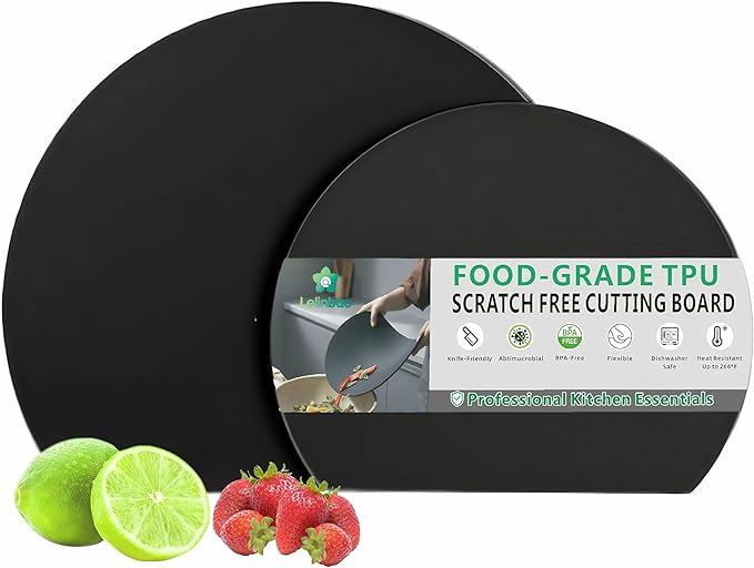 Cutting Mats for Kitchen, Thin Cutting Boards Flexible, Rubber cutting board, Food Grade TPU Black, Cutting Boards Non Toxic Small, Dishwasher Safe, 2 Pieces (2, Black/Black-D Shape)