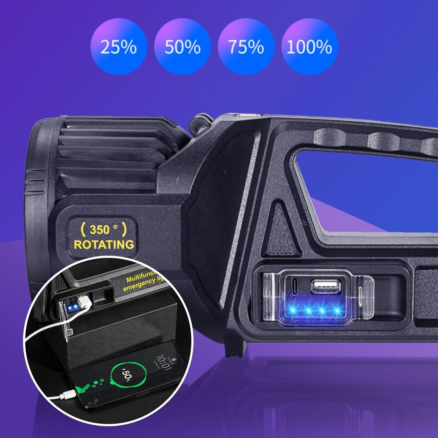 LETOUR Rechargeable LED Spotlight Flashlight, 9 Modes, IPX6 Waterproof, 350? Rotate Head, XX-Large, Model LT-CL012B