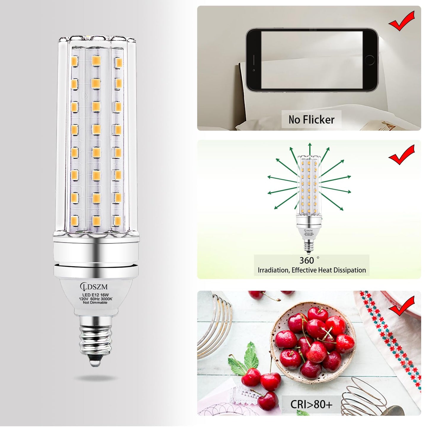 LDSZM E12 LED Candelabra Bulbs, 16W, 1400lm, Warm White 3000K, Pack of 4, Non-Dimmable, Aluminum