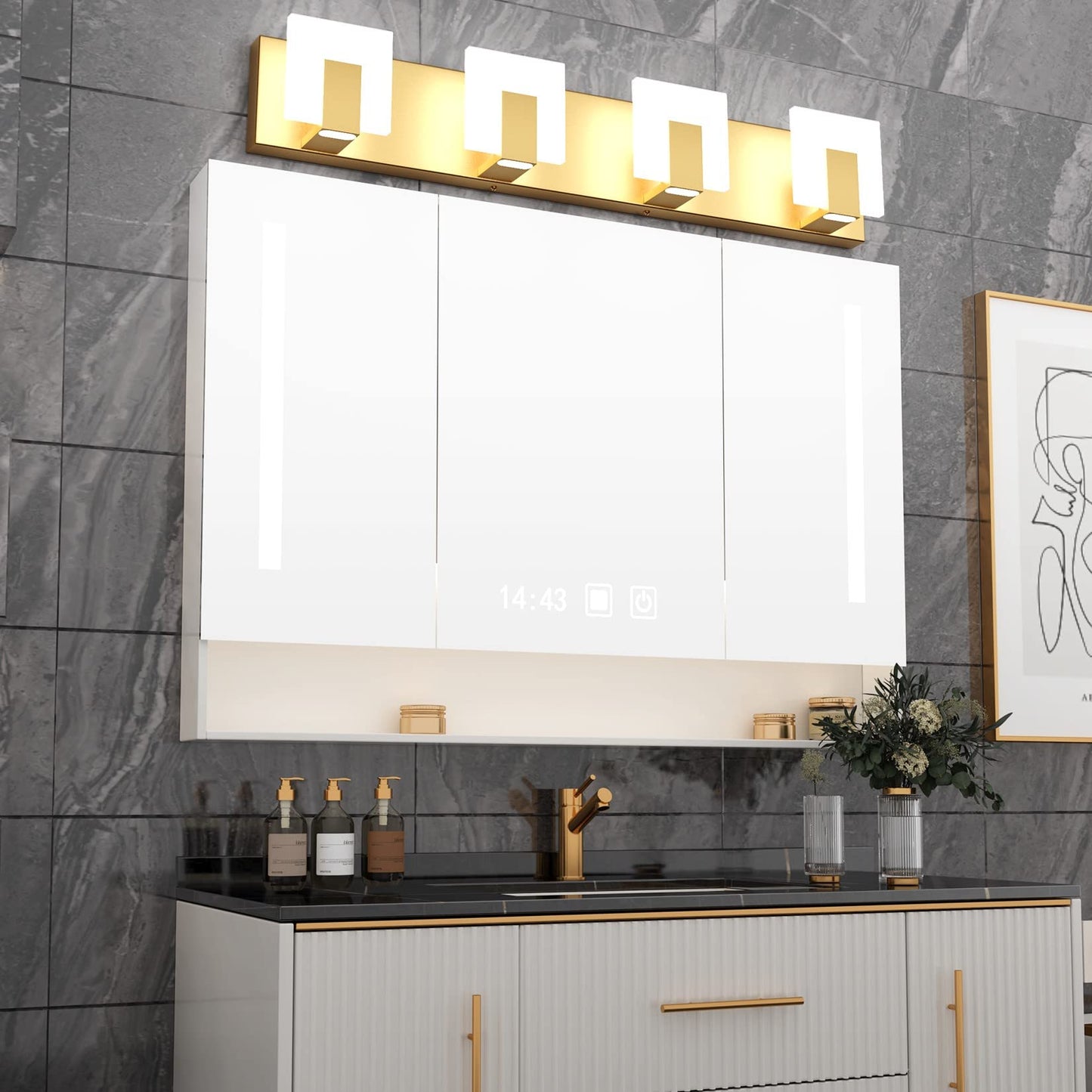 Aipsun Gold LED Bathroom Vanity Light Fixture, 4 Lights, Aluminum, Model GW-1105-4T-Gold, Modern Design, 6000K White Light