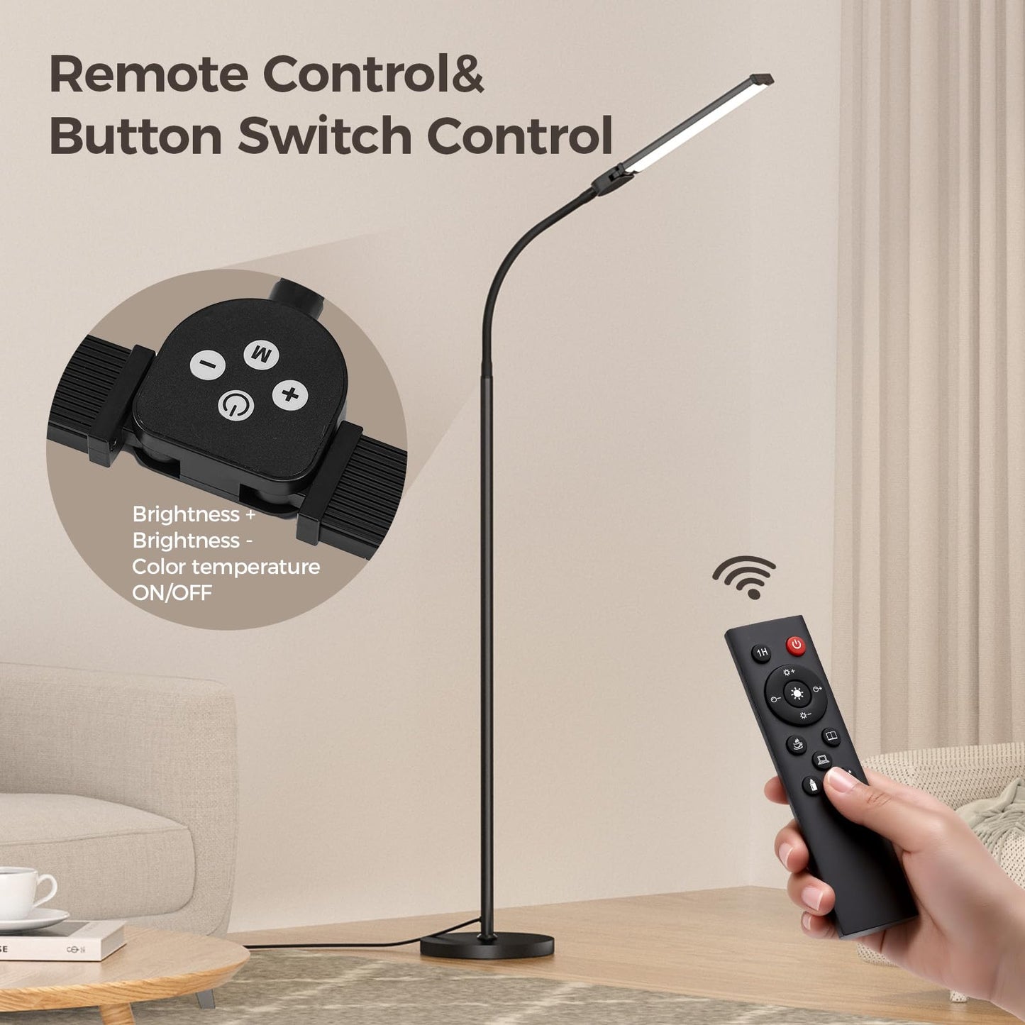 VrimNowit LED Floor Lamp - Adjustable Color Temperatures & Brightness, Dual Head Gooseneck, Remote Control, Black, Model V-FL-ST06