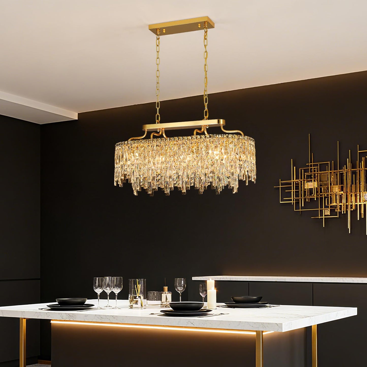 Nisidun Gold Crystal Chandelier | Modern stylish Oval-Shaped Chandeliers For Dining Room Light Fixture 32 10-Light Crystal Ceiling Lighting Fixture For Dining Room Kitchen Island Bar