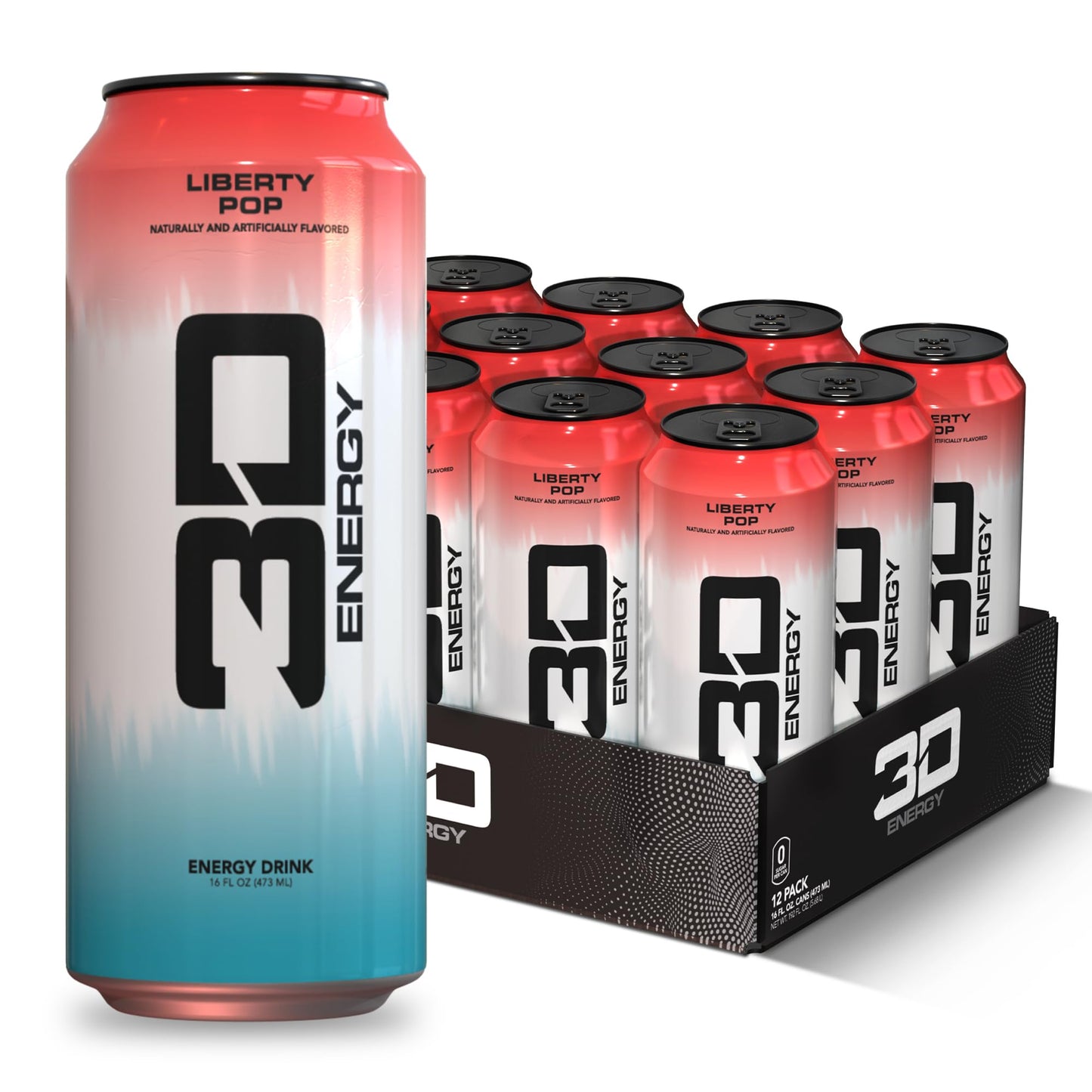 3D Energy Drink - Sugar Free 200mg Caffeine Pre Workout Taurine L-Carnitine Lightly Carbonated 16oz Cans 12 Pack - Liberty Pop