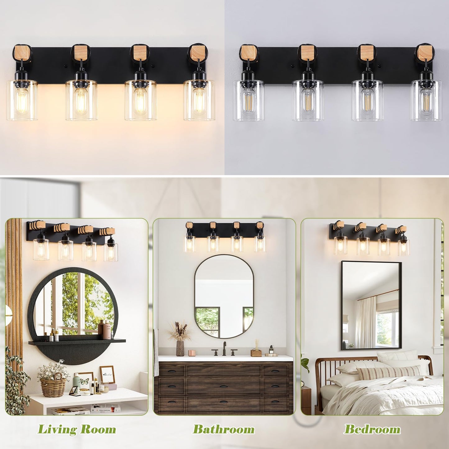Licperron 4-Lights Farmhouse Vanity Lights For Bathroom Matte Black Bathroom Light Fixtures With Clear Glass Shade Rustic Wood Wall Lighting Fixtures Over Mirror For Bedroom Living Room Hallway