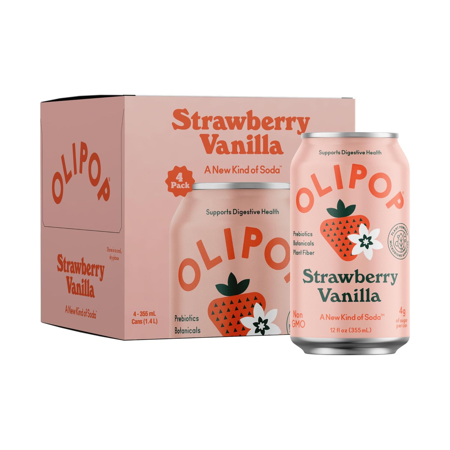 OLIPOP Prebiotic Soda Pop Strawberry Vanilla Prebiotics Botanicals Plant Fiber 12 fl oz (4 Cans)