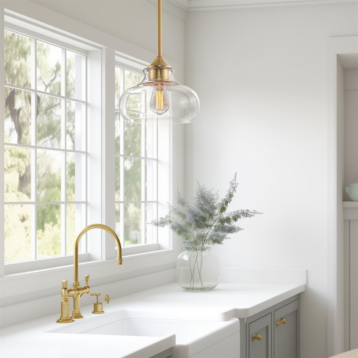 Kira Home Harlow 9in Pendant Light, Modern Industrial, Clear Glass Shade, Warm Brass Finish, Model RV-CP6802-WB