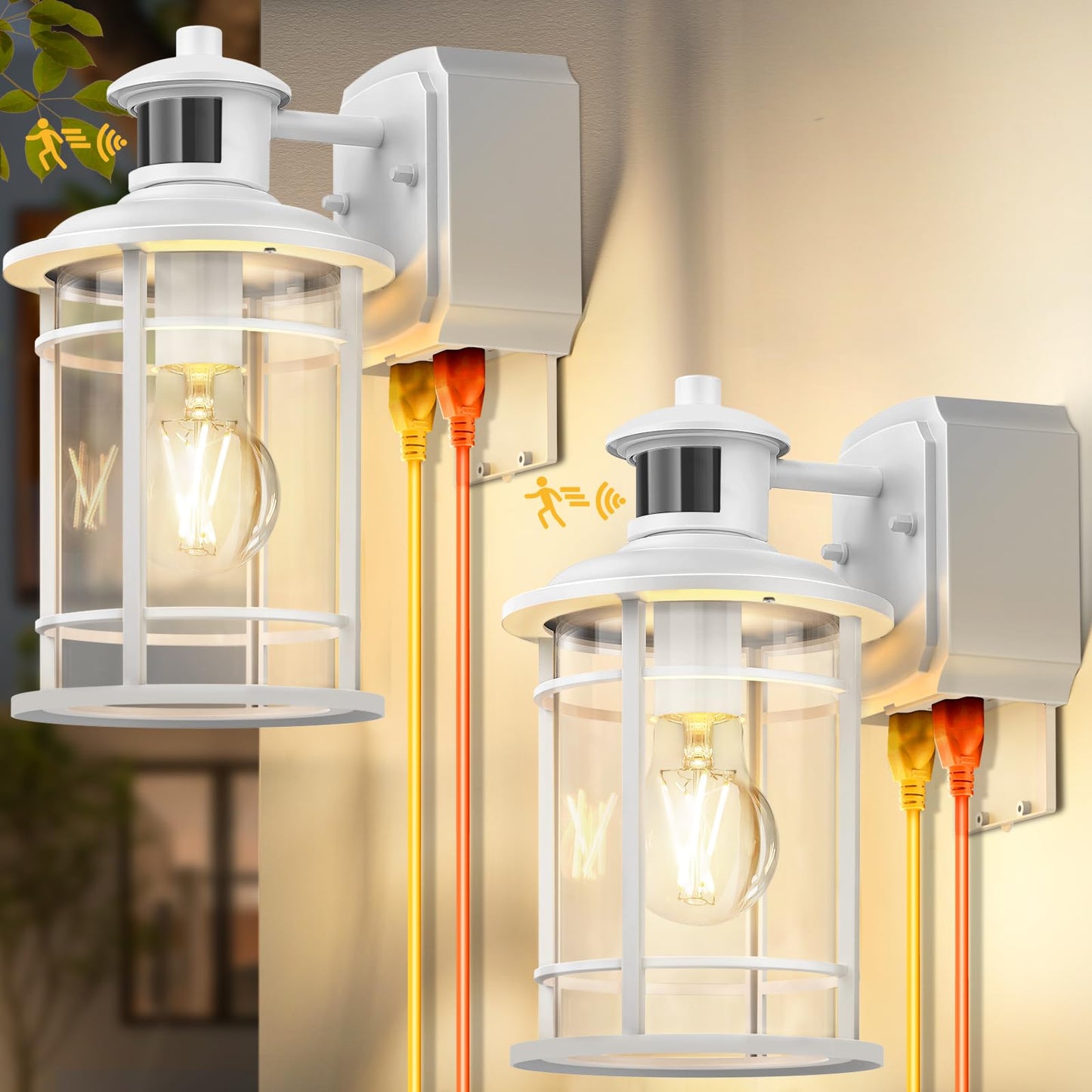 2 Pack Porch Lights with GFCI Outlet, Dusk to Dawn Motion Sensor Outdoor Lights, 3 Lighting Modes Exterior Light Fixture, Waterp
