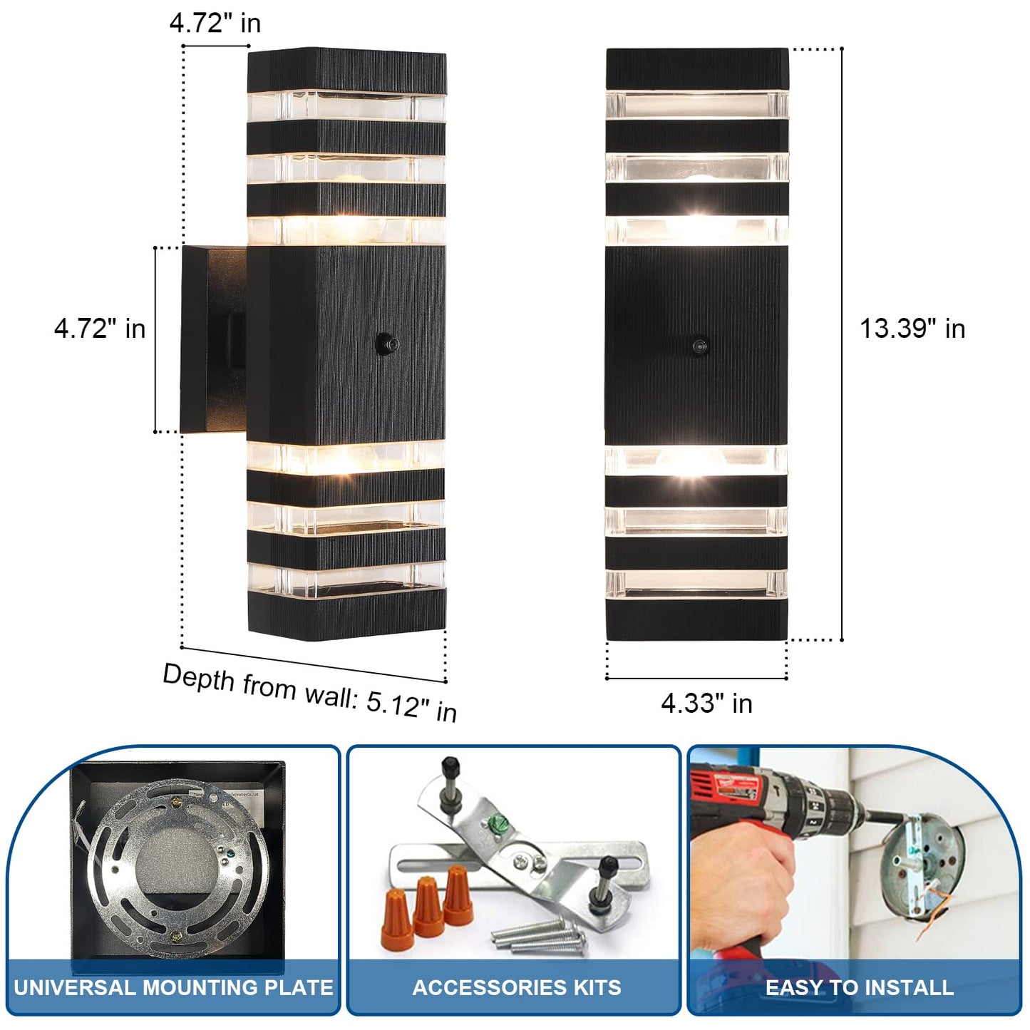 Delicavy Outdoor Wall Lights 2PK Dusk to Dawn Sensor Black Aluminum Medium Up Down Light Fixtures