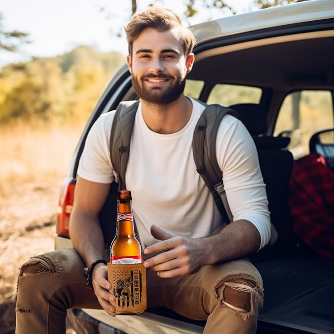 Fishing Gifts for Men – Leather Beer Can Cooler – Perfect Christmas, Birthday Gift for Fisherman – Fishing Present for Dad, Husband, or Friend – Durable Collapsible Leather Can Holder