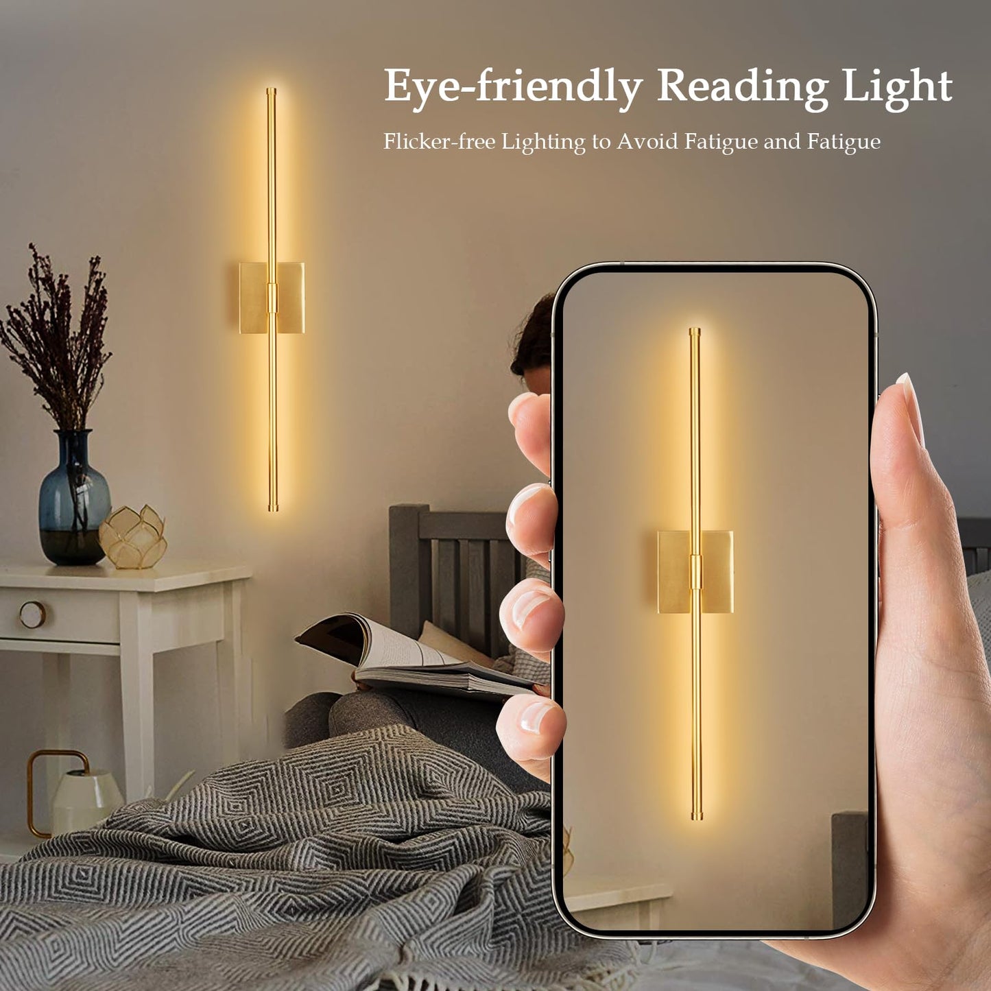 Goosebrite LED Wall Sconce with Remote Control, Dimmable, Timer, 27.55 Inch, Gold, Iron, 5 Colors 3000K-6500K