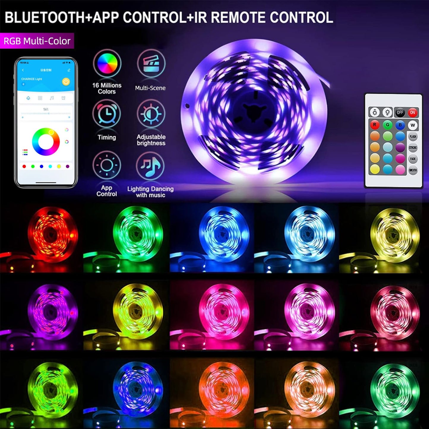 CHARKEE LED Strip Lights 130ft, Dimmable RGB Color Changing, Bluetooth, Flexible for Bedroom, Multicolor, Model BCH55NW18D2P