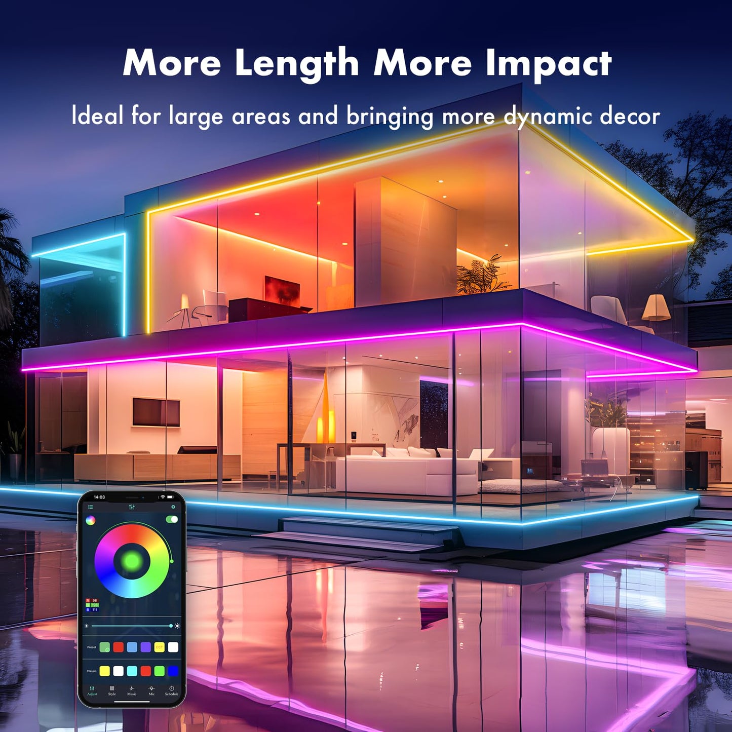 TFZBA LED Strip Lights, RGB Neon Rope Lights, 200FT (2x100ft), IP67 Waterproof, Remote Control, Music Sync, White