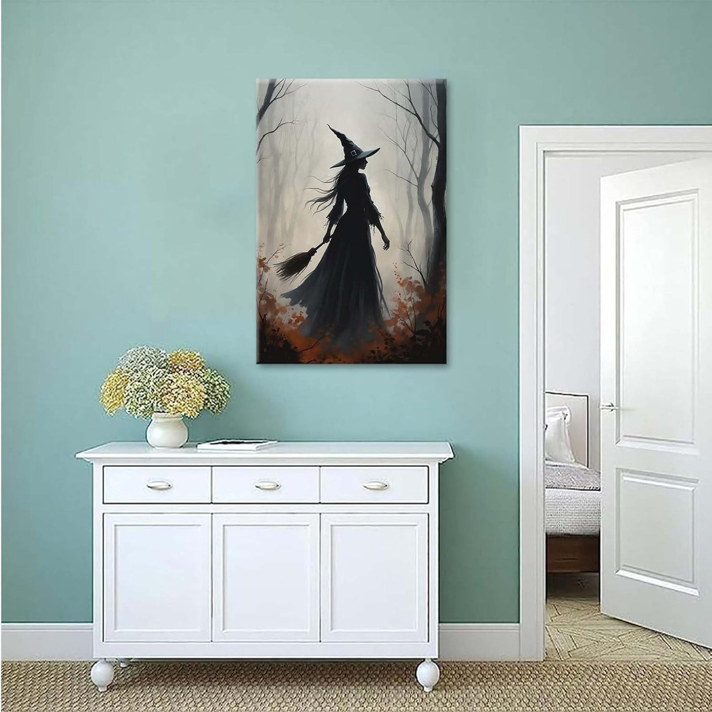 JFHCQJPK Vintage forest witch silhouette poster Halloween mural poster decoration mural art magic suitable for home living room bedroom12x16in Frameless
