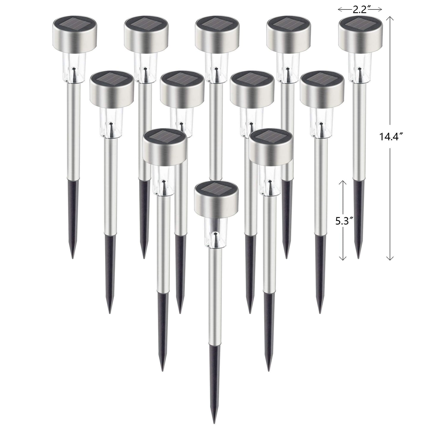 GIGALUMI Solar Pathway Lights 12 Pack, Stainless Steel, IP44 Waterproof, Warm White, Model 8374-12N