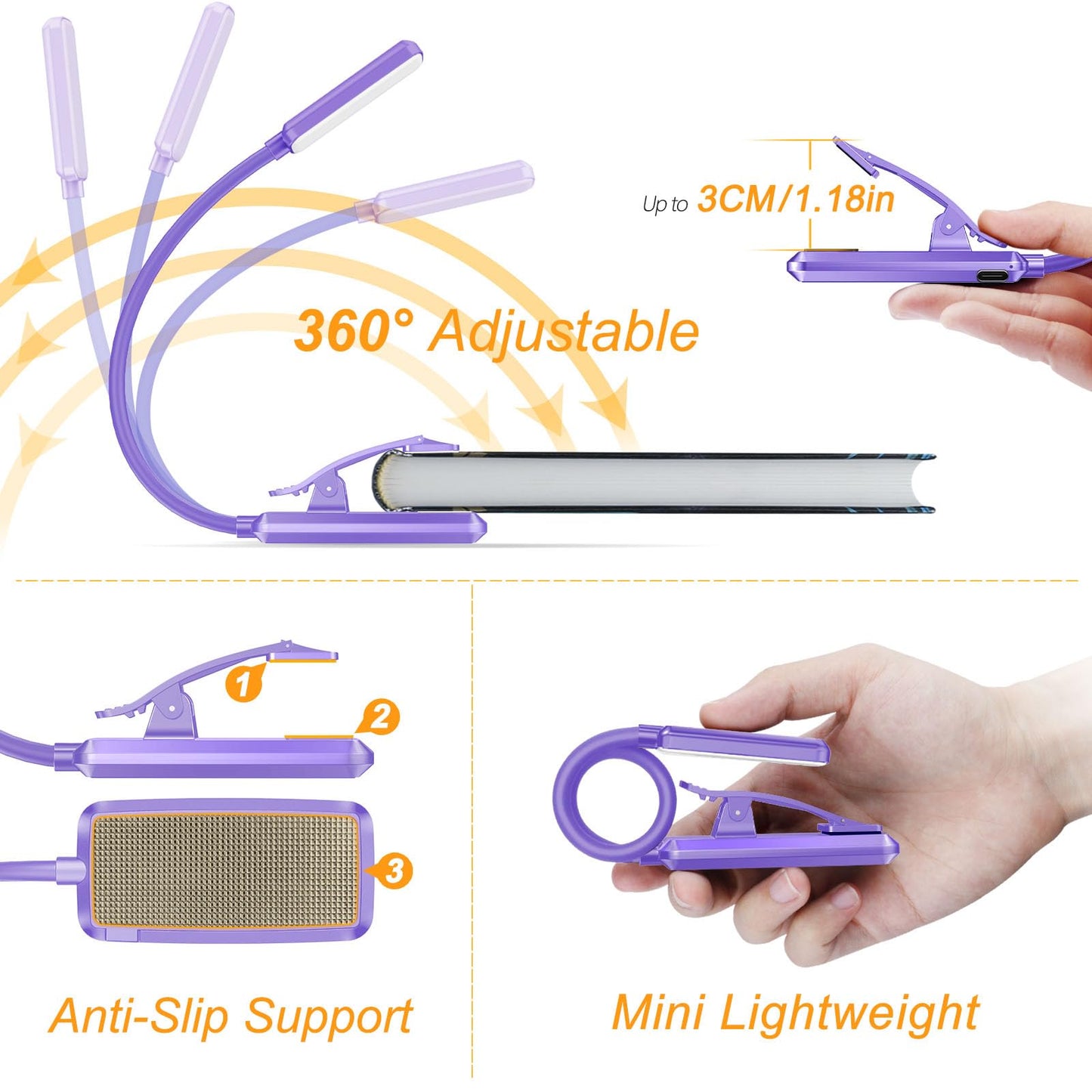 Gritin 9 LED Rechargeable Book Light - Stepless Dimming, 3 Color Temperatures, Clip On, Purple, Model G1330