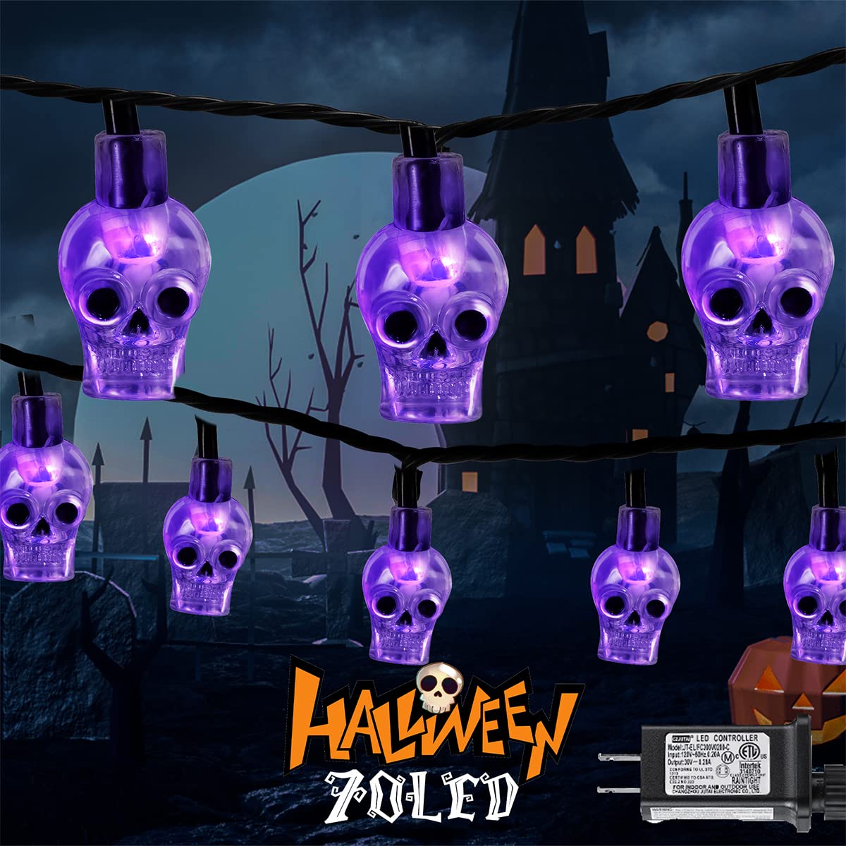 RECESKY 70 LED Skull String Lights - 22.6ft Plug in Halloween String Light for Outdoor and Indoor Decor - Spooky Lighting for Pa