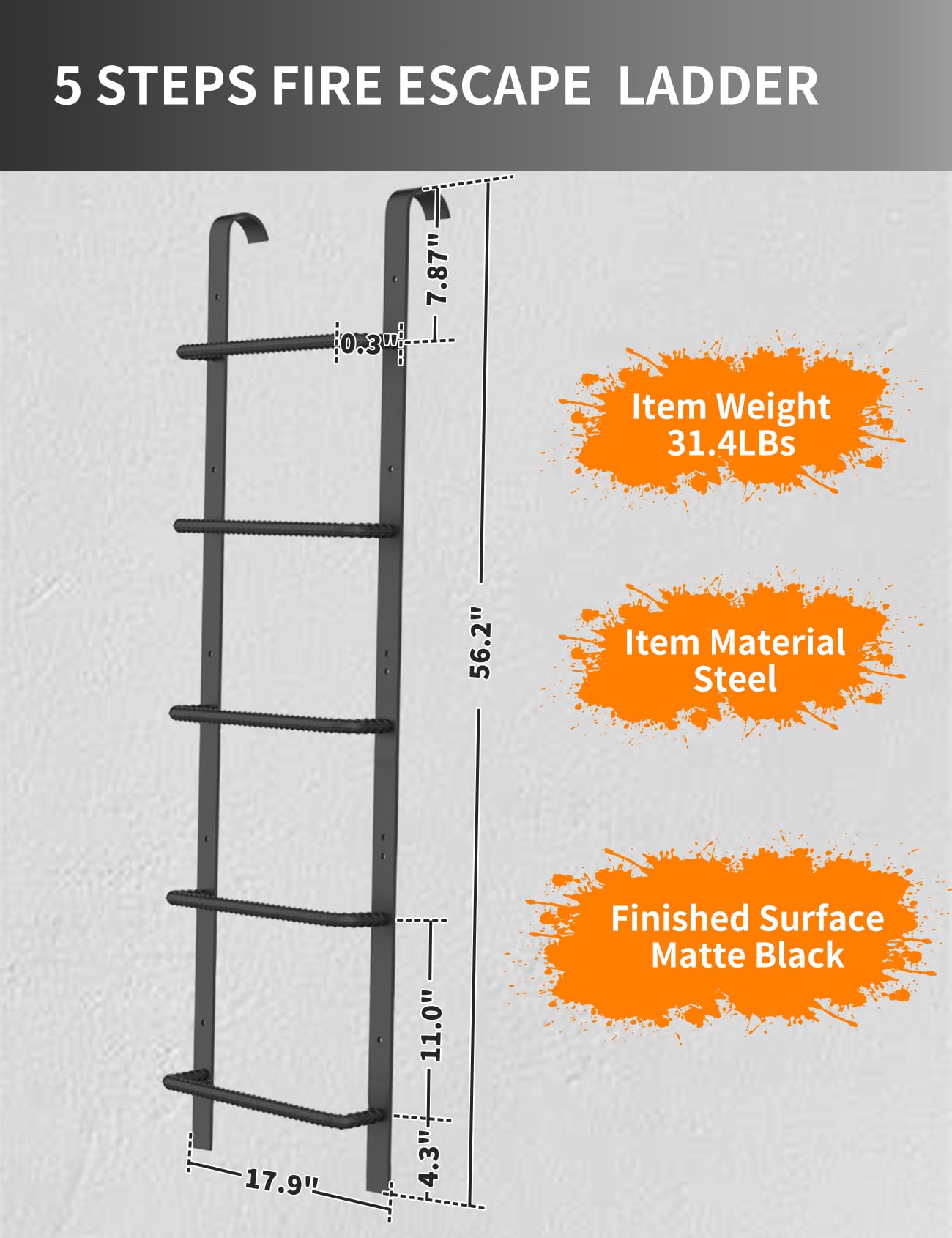 5-Rung Window Well Ladder, Heavy Duty Steel Basement Egress Ladder, Fire Escape Ladder for Emergency Home Safety(56.2" Lx17.9 W, Hooked, Matte Black)