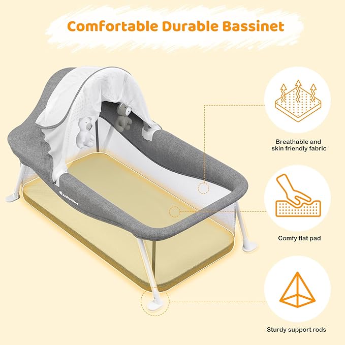 Ezebaby Portable Travel Bassinet for Baby 0-5 Months, Foldable Newborn Bassinet Baby Bed Infant Crib with Padded Mattress, Canopy, Mosquito Net, Carrying Bag