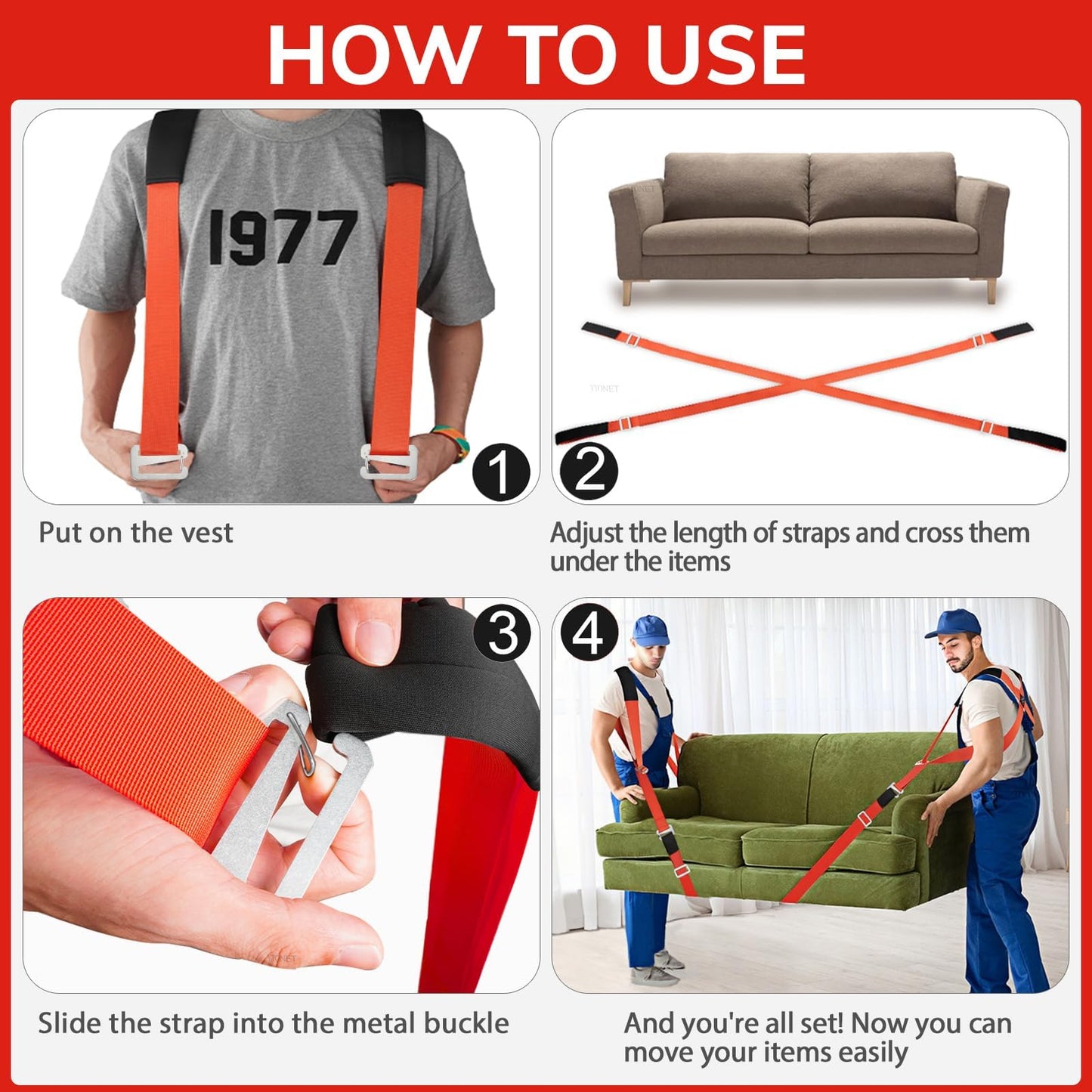 Ytonet Moving Straps, Lifting Straps for Move Furniture, 2-Person Shoulder Lifting and Moving System for Appliances, Mattresses, Heavy Objects up to 800lbs, Furniture Strap Round Sling, Orange