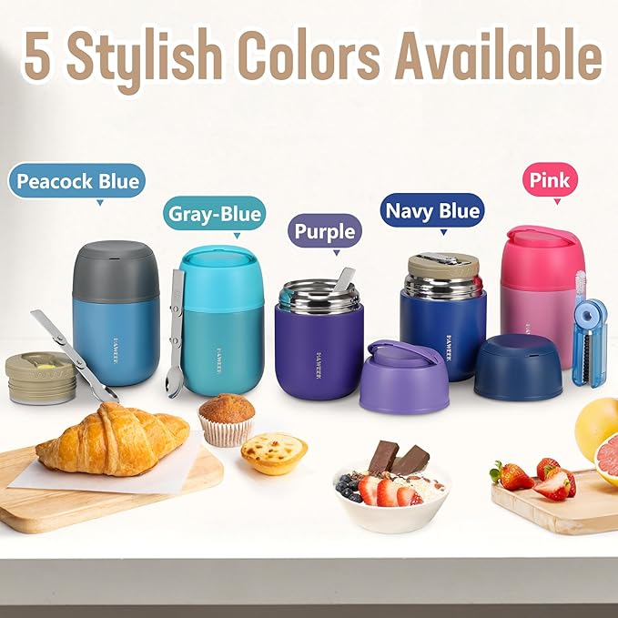 17oz Soup Thermo for Hot Food Adults Insulated Food Jar Thermo Hot Food Lunch Container Wide Mouth Stainless Steel Lunch Box for Kids with Folding Spoon Cleaning Brush Pink