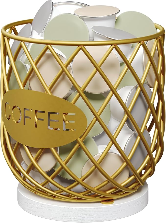 Coffee Pod Holder Organizer, Holder for K Cup, Large Capacity Coffee Pod Basket, Versatile Coffee Capsule Storage Organizer, for Kitchen Countertop, Gold and White KH09DW