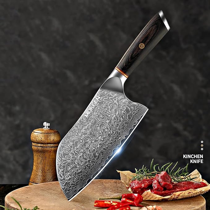 Cleaver Knife 7 Inch, 67 Layers VG10 Damascus Steel Kitchen Knife, Ultra Sharp Meat Cleaver, Professional Chef Knife with Unique Wood Handle, Full Tang, Gift Box
