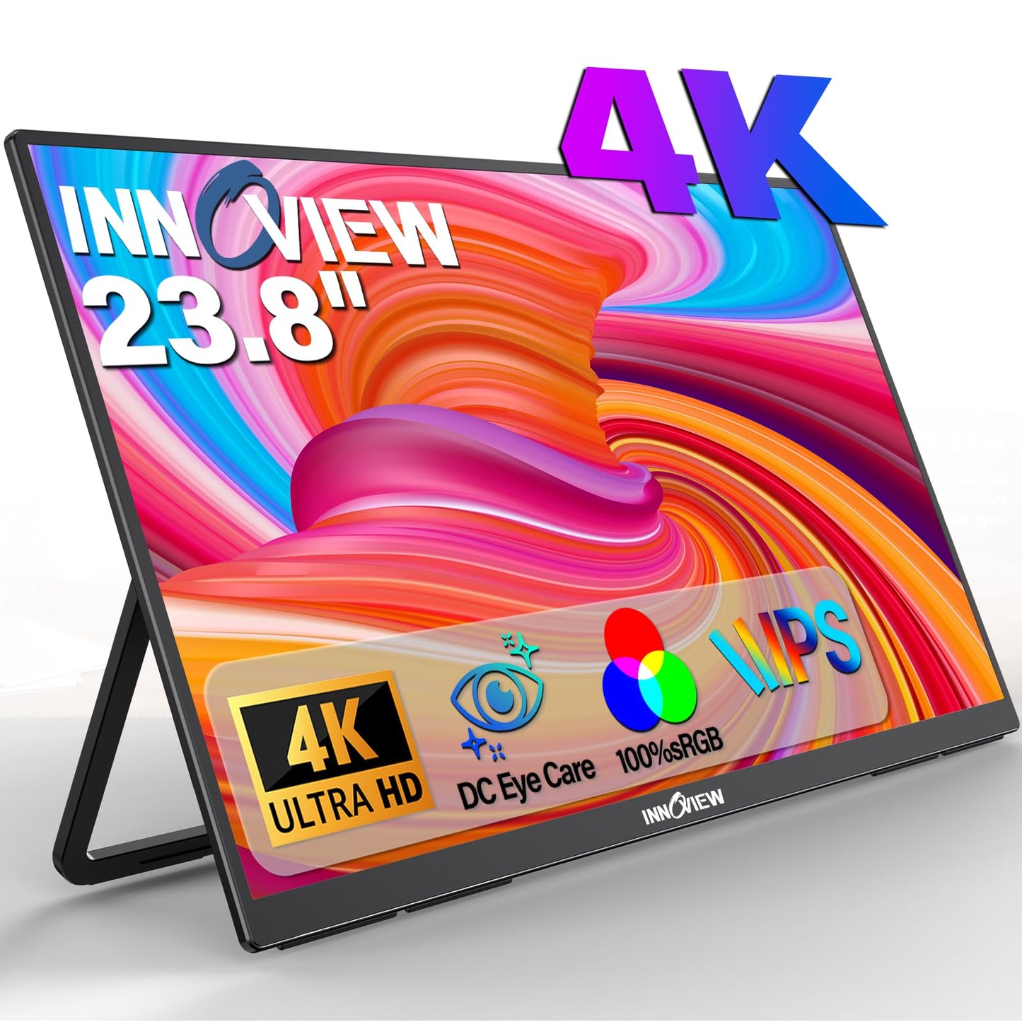 Innoview 23.8 4K Large Portable Monitor, UHD (3840*2160) 100%sRGB IPS Speakers USB-C HDMI Work Home Second Monitor W/180Adjus