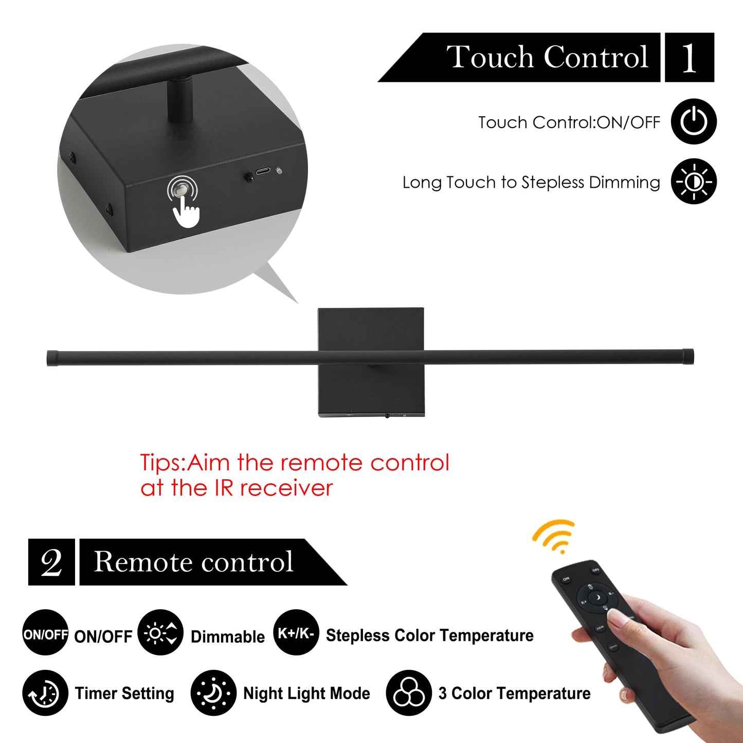 KARTOOSH Wall Sconces, Battery Operated, Remote Control, Dimmable, 32.2 Inch, Black, Model ZM321BBL80, 350° Rotation,