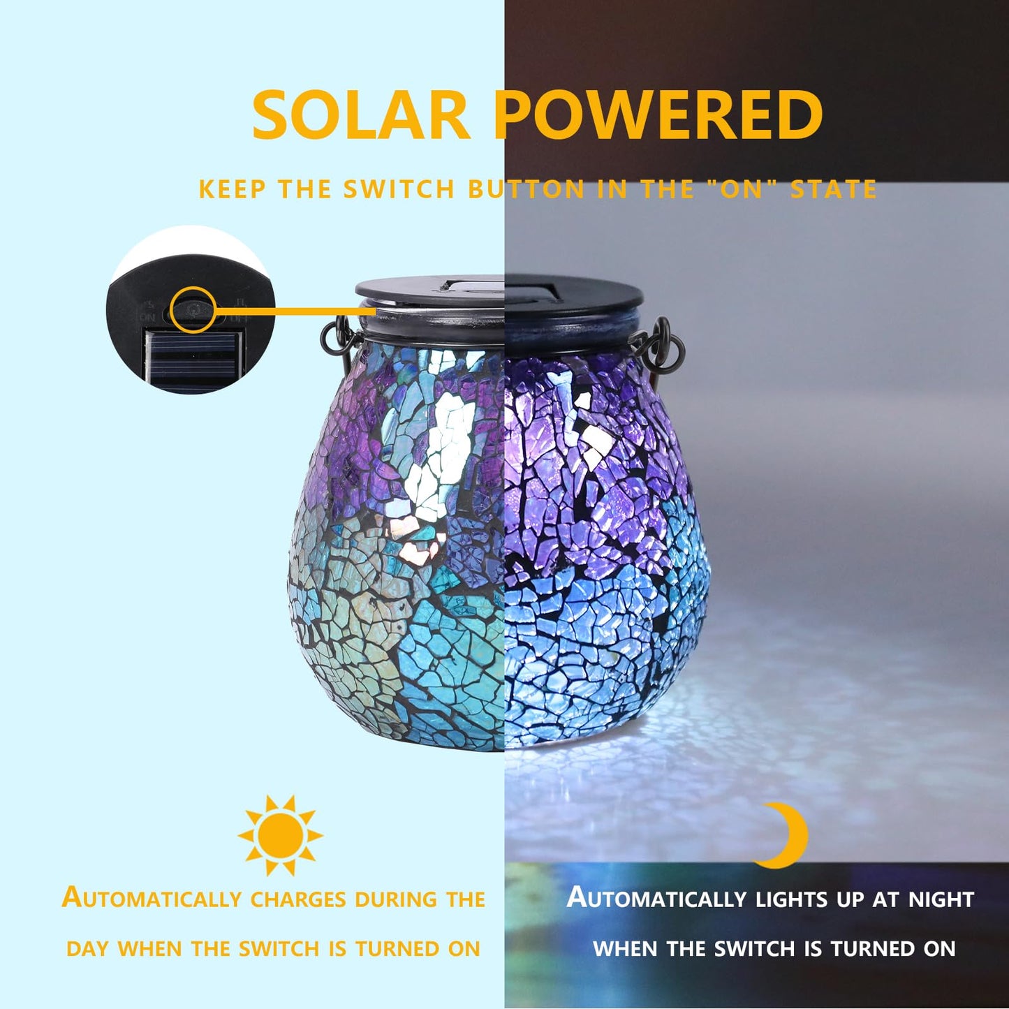 Afirst Mosaic Solar Lantern - Glass Hanging Light, Waterproof, Ice-Purple, Model 5038350A