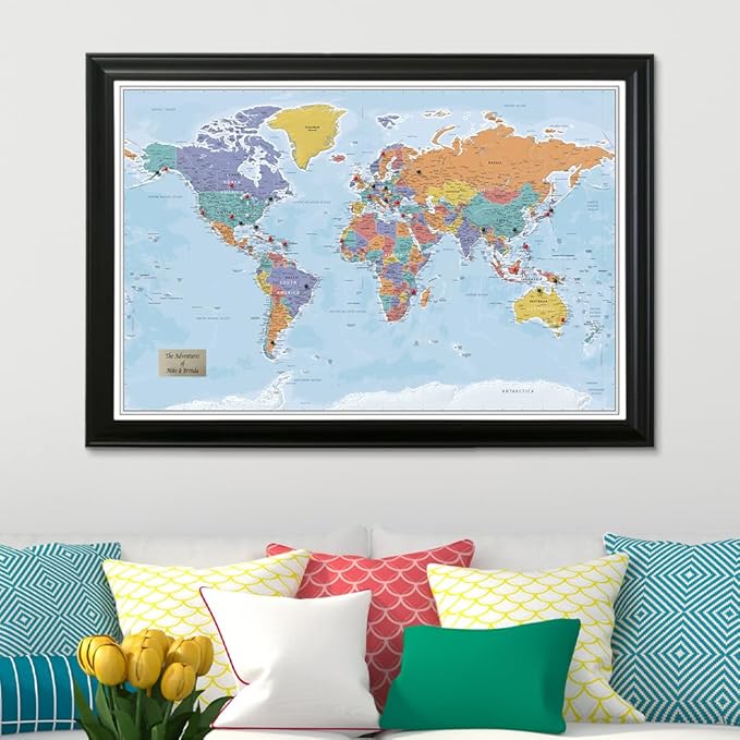 Push Pin Travel Maps - Customizable Blue Oceans World with Black Frame- 27.5" x 39.5" - 8 Handcrafted Frame Options - Made in USA - Ideal for Adventurous Travelers