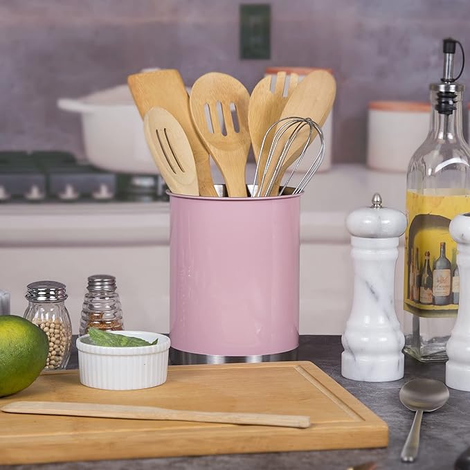 Creative Home Stainless Steel Utensil Holder– 6.3" Large Cooking Tool Organizer for Kitchen Decor and Countertop Storage, Stable Anti-Tip Design, Durable Powder-Coated Finish, Pink