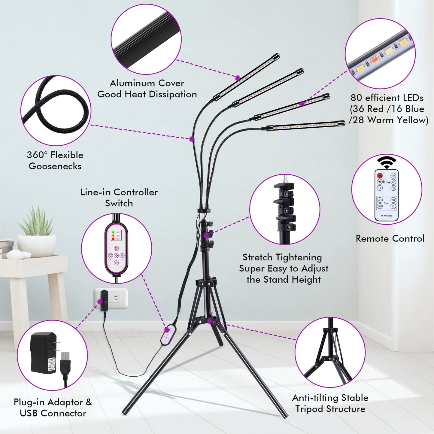 Felibeaco LED Plant Grow Light, Full Spectrum, Adjustable Stand (14in-63in), Floor UV Lamp, Black, Model FB-PGL-TS4