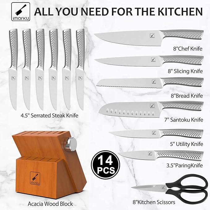 imarku Knife Set, 14 Piece Premium Kitchen Knife Block Set, Razor Sharp Japanese Chef Knives Set for Kitchen with Built-in Sharpener, Dishwasher Safe and Quality Acacia Wood Block, Christmas Gift