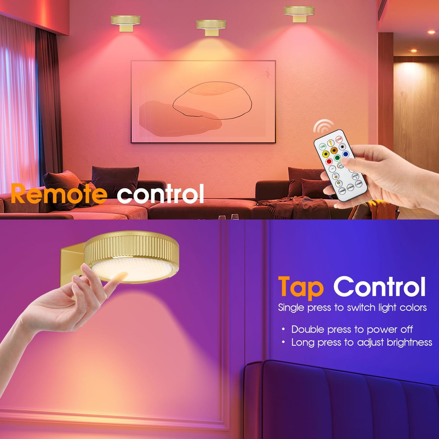 SIXDEFLY RGB Magnetic Suction Spotlight - Battery-Powered, Wireless, Remote Control - 3 Pack Gold