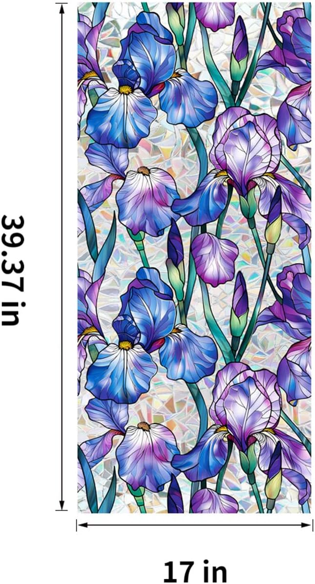 Stained Glass Window Film UV Resistant Window Privacy Film Purple Floral Privacy Rainbow Decals Living Room Bedroom Sun Blocking Decor Removable Static Cling Stickers 17 x 39.37 Inch