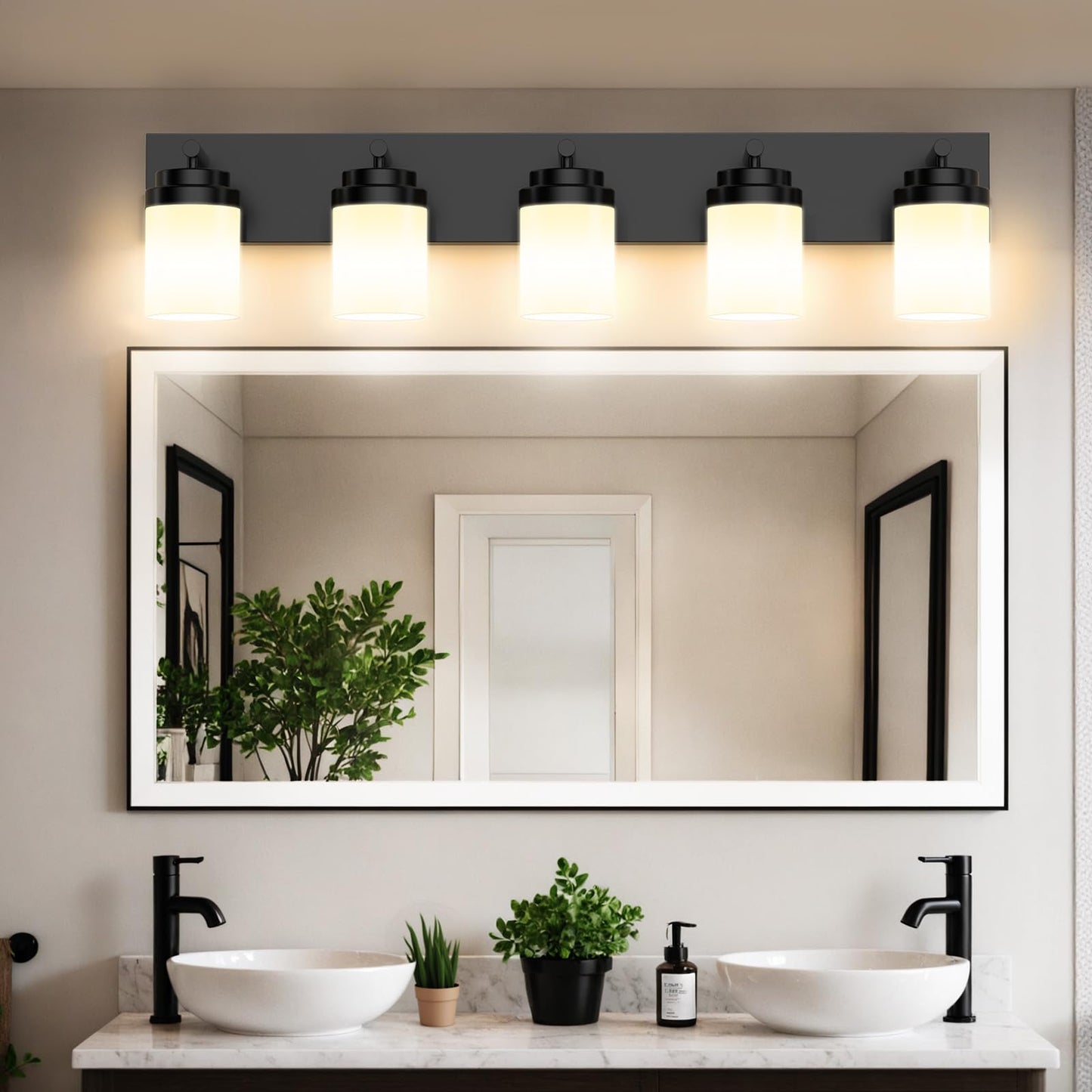 Izorro Bathroom Vanity Light Fixture 5-Light 36 Inch Matte Black Bathroom Light Fixtures Over Mirror With White Glass Shade Modern Farmhouse Vanity Lights Rustic Restroom Lighting Fixtures