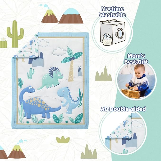 Wowelife Dinosaur Crib Bedding Set for Boys Light Blue, Premium 3-Piece Baby Bedding Set, Nursery Crib Set, Newborn, Infant & Toddler Nursery Bed Set, Light Blue Dinosaur